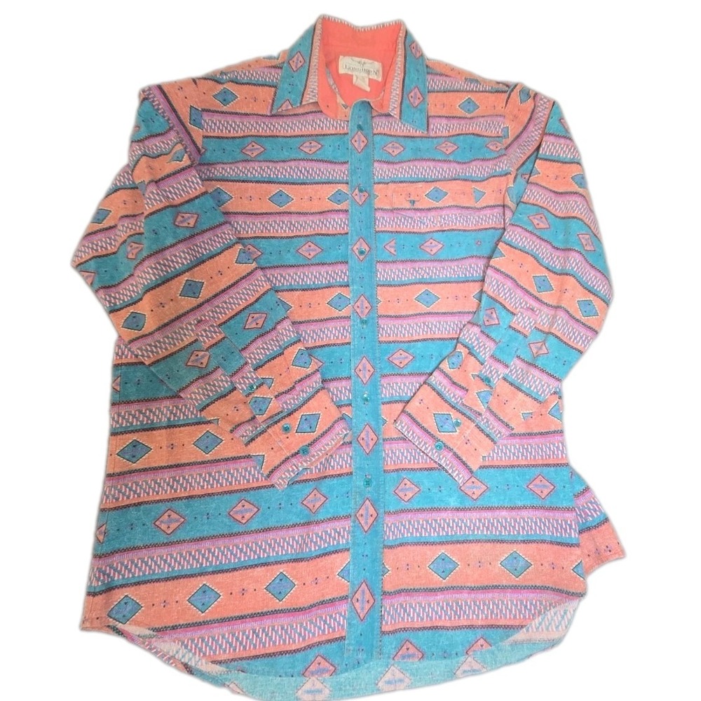 Vtg Longhorn Western Shirt Mens XL Aztec Geometric Turquoise Coral Peach 90s